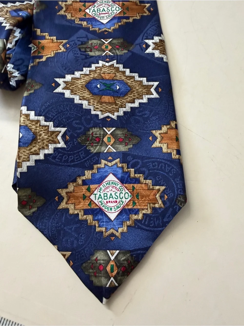 Tabasco Navy Tie with Gold and Brown Geometric Medallions